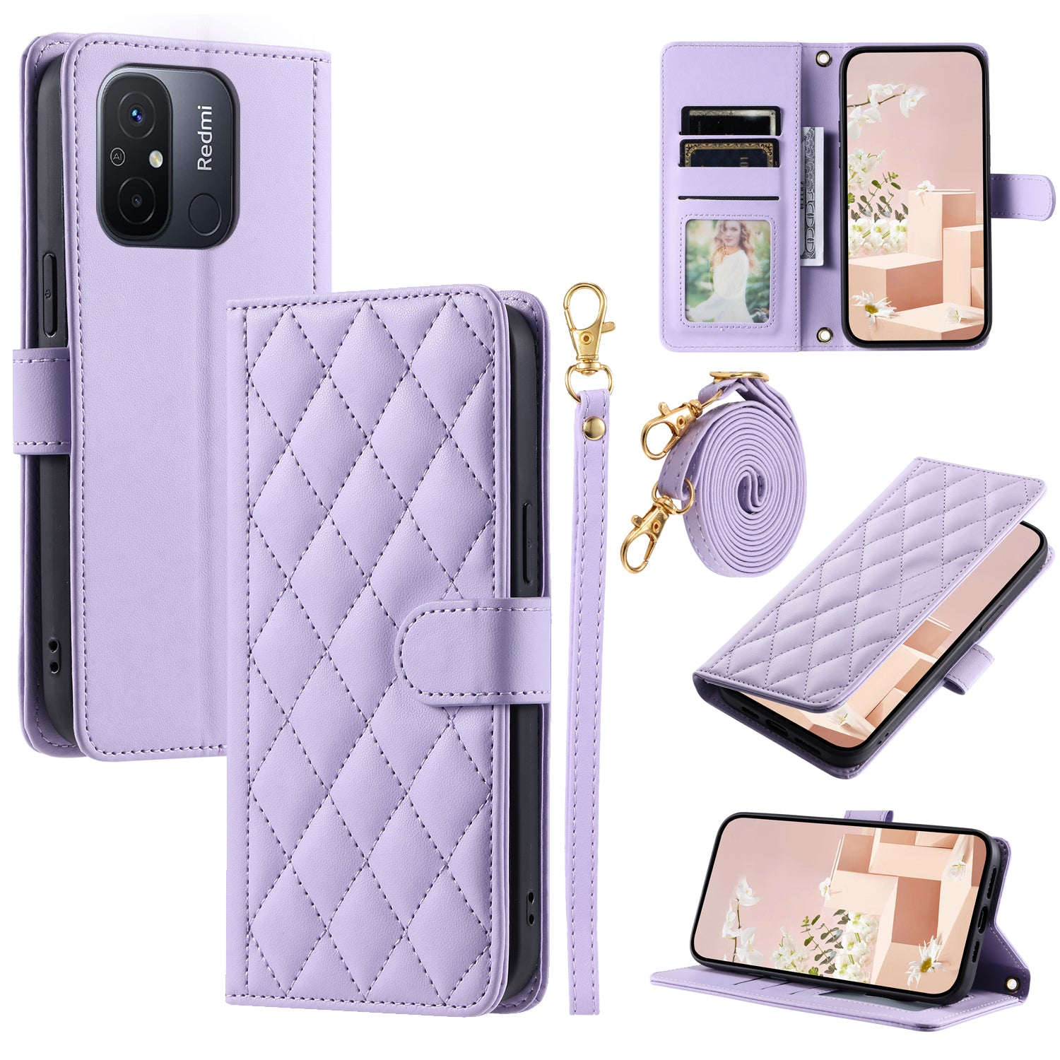 For Xiaomi Redmi 11A 4G / Poco C55 4G Case Rhombus Grid Stand Phone Guard Cover with 2 Straps For Xiaomi Redmi 11A 4G / Poco C55 4G Case Rhombus Grid Stand Phone Guard Cover with 2 Straps